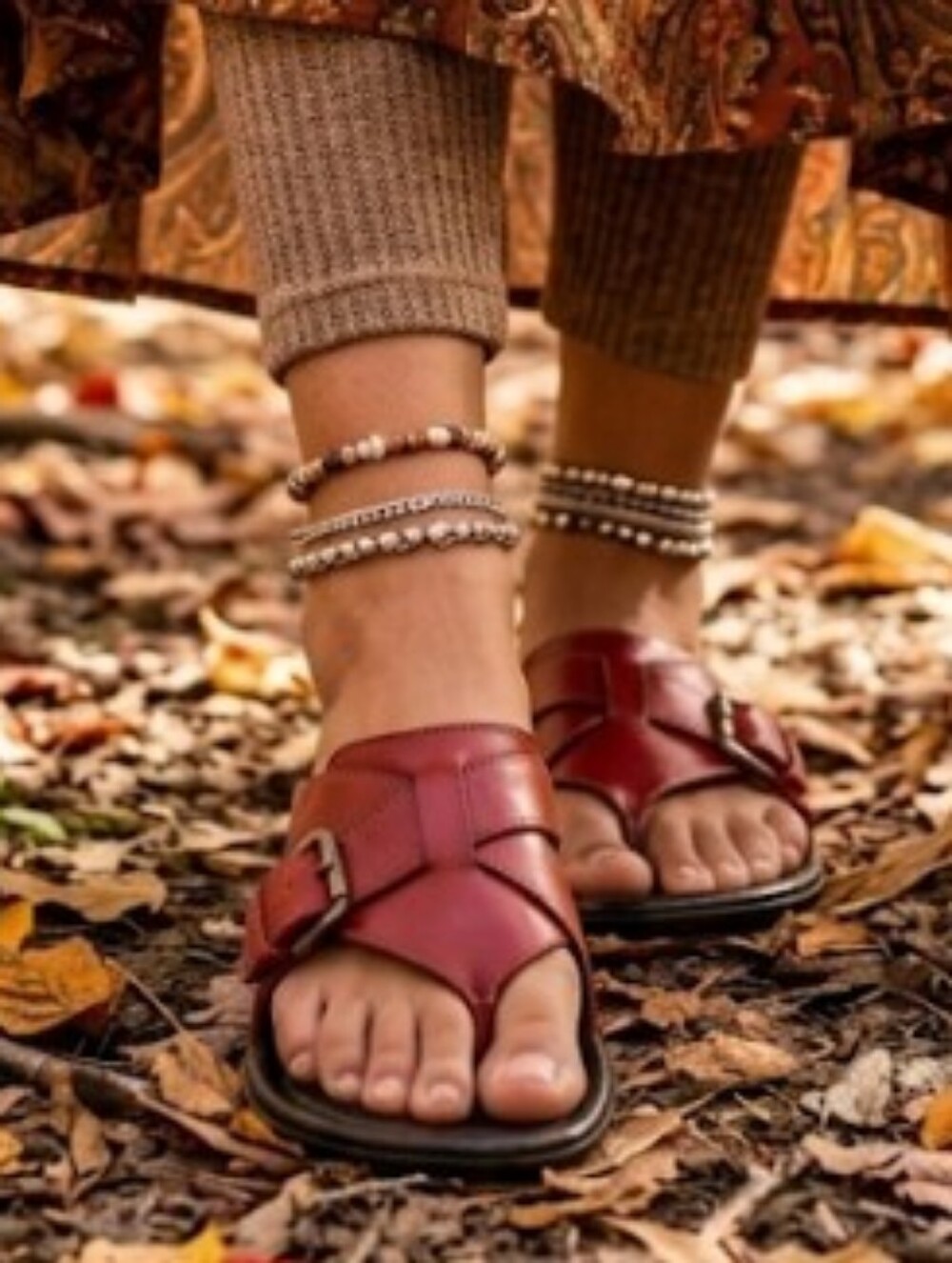 Boho Red Sandals Strappy Leather Slip-On Indie Festival Artsy Size 11